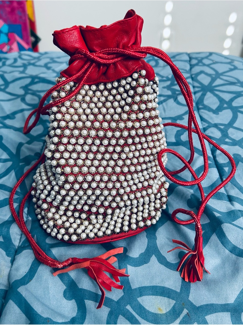 Red Faux Pearl-Embellished Drawstring Leather Pouch Bag